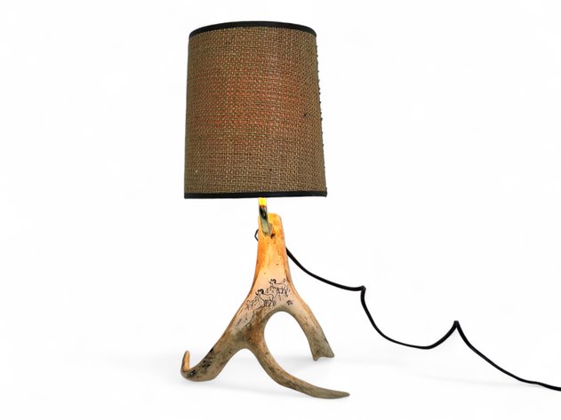 Caribou Antler Wall Lamp w/ Scrimshaw Artwork