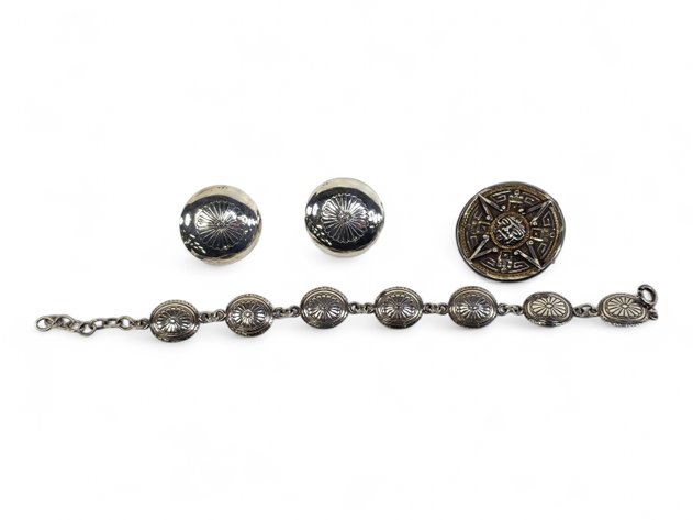 Sterling Silver Concho Bracelet & Earrings w/ Aztec Brooch