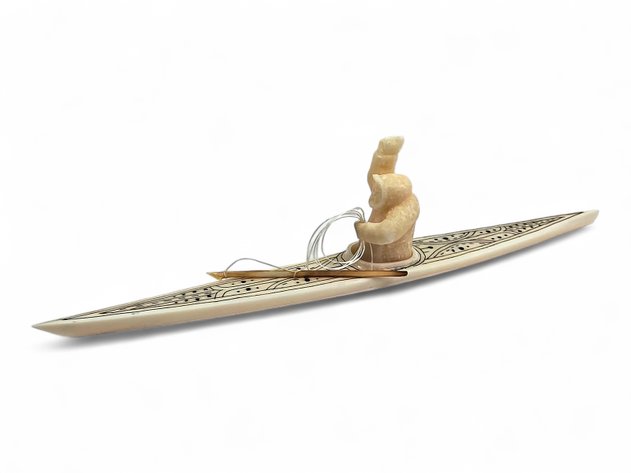 Walrus Ivory & Scrimshaw Hunter in Kayak Figurine - Walton Irrigoo