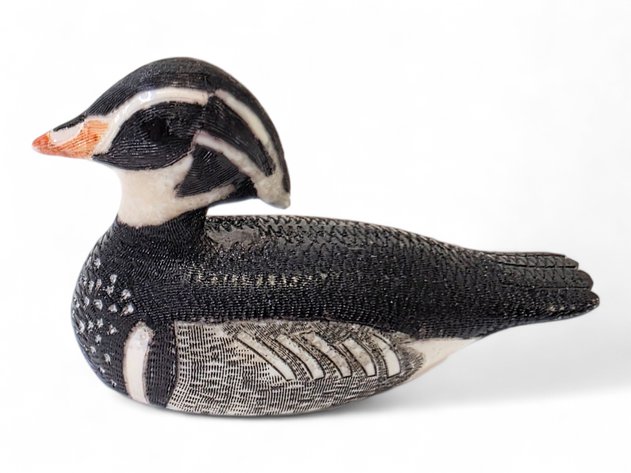 Walrus Ivory Hooded Merganser Duck Figurine - Matthew Tiulana