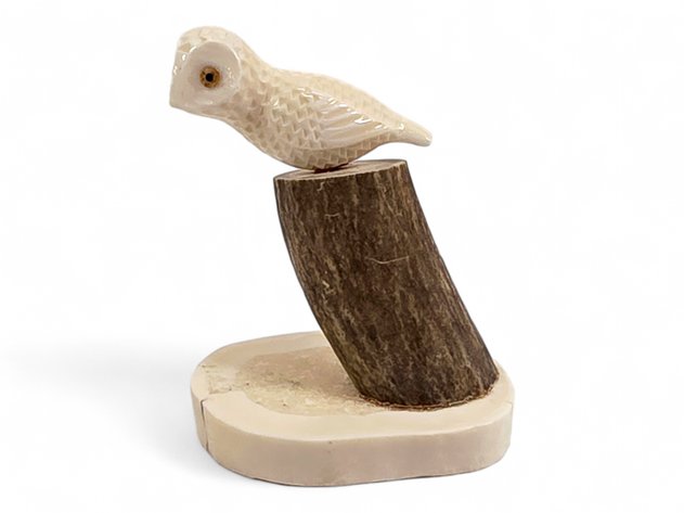 Walrus Ivory & Baleen Owl Figurine w/ Anter & Tusk Base - Robert Wongattik