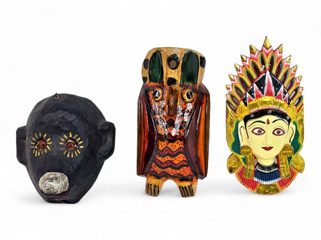 Wooden Art Carving - Mask, Owl & Balinese Figure