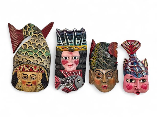 Mexican Fish-Themed Folk Art Mask Sculptures