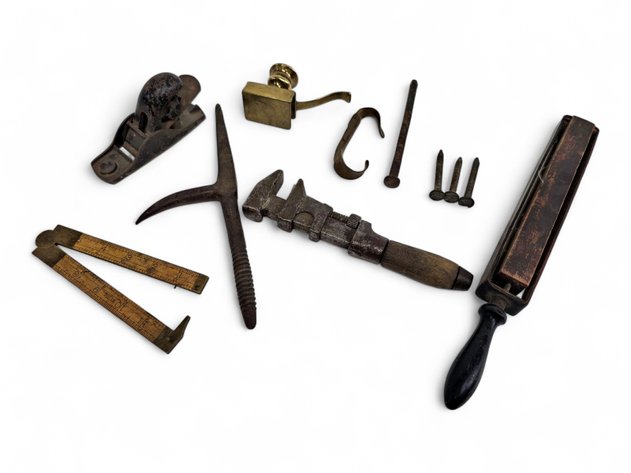 Tools - Logging Pole Spike, Folding Carpenters Ruler, Railroad Date Nails & More