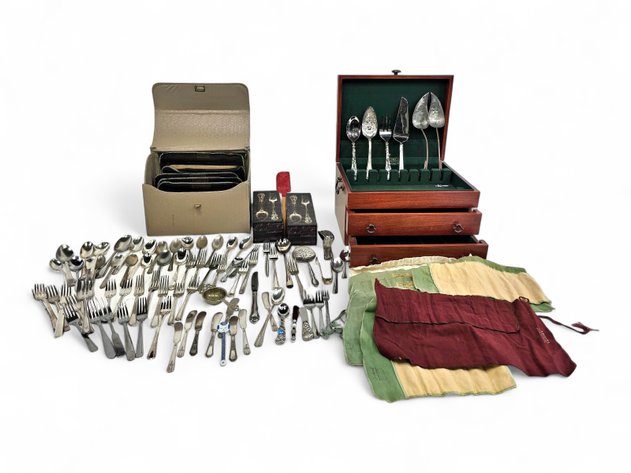 Silver-Tone Flatware, Reed & Barton Storage Case & Samuels Jewelers Rolls & More