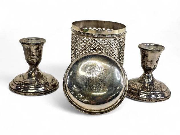Towles Silversmith Candlesticks & Sterling Lidded Jar