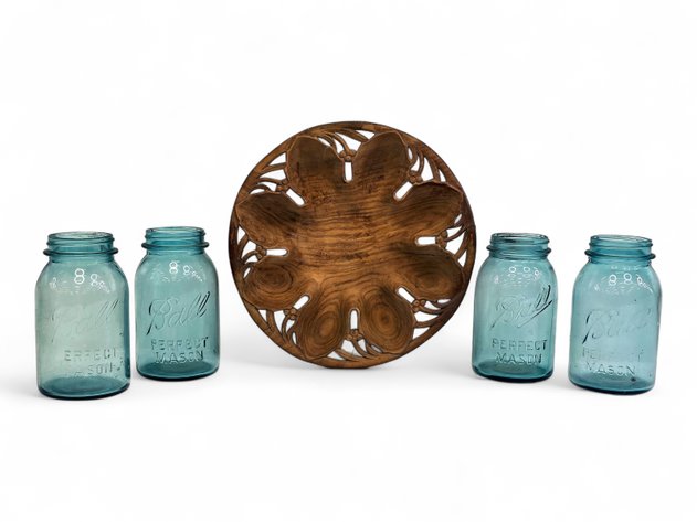 Antique Ball Mason Jars & Foliate Wood Bowl