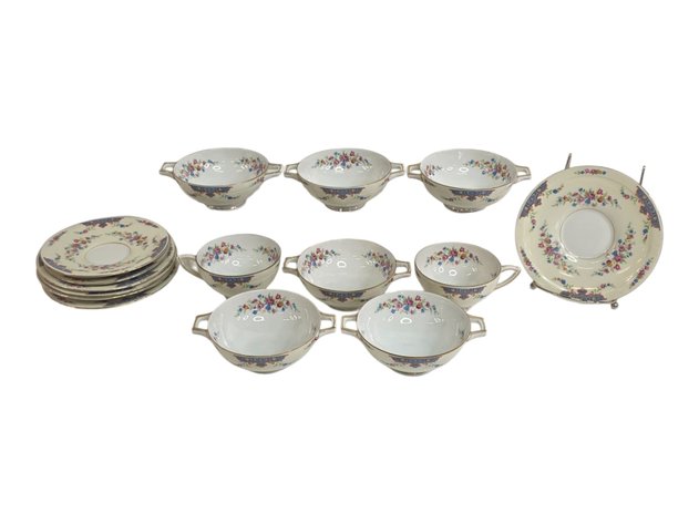 Royal Crown Bohemia China Floral Soup Bowls, Cups & Saucers