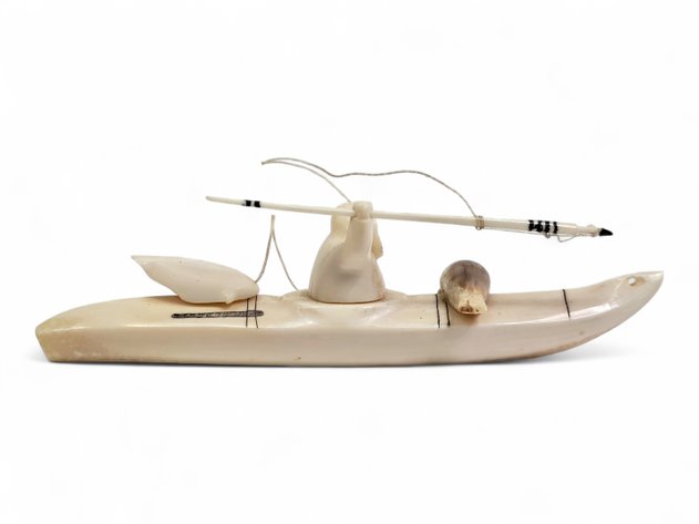 Frank Ellanna Carved & Scrimshaw Walrus Ivory Hunter
