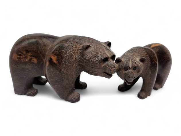 Carved Wood Mother & Cub Bear Figurines