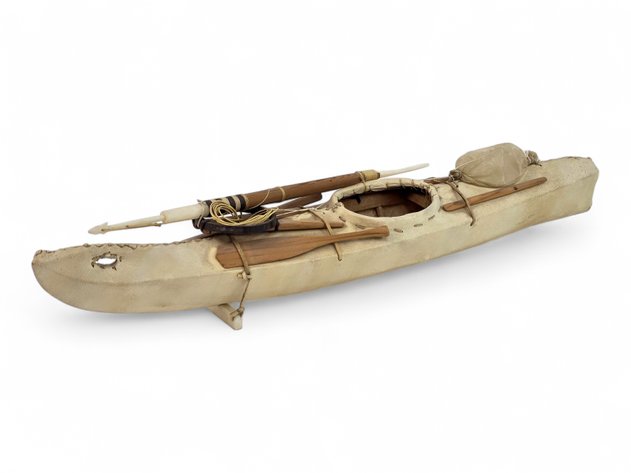 Wood, Leather & Walrus Ivory Umiak w/ Accessories