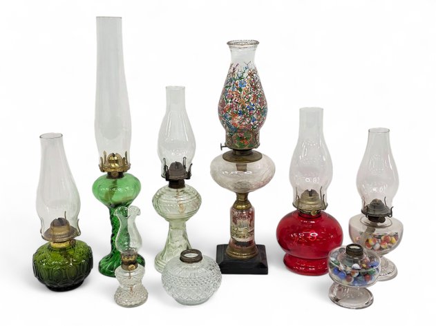 Kerosene Oil Lamps - Clear, Red, Green Glass & Floral Motifs