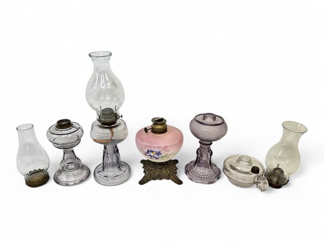 Kerosene Oil Lamps - Milk Glass, Clear & Pressed Purple Glass