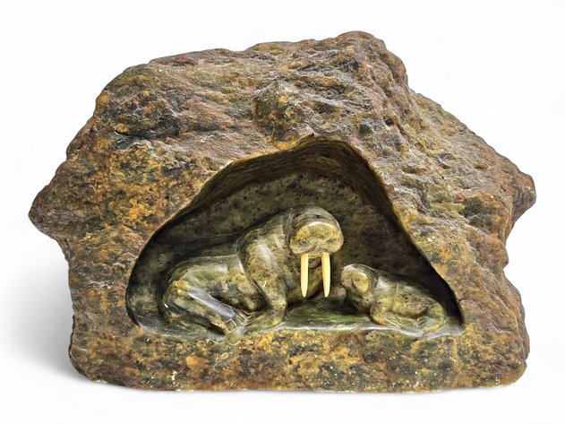 Large Relief Carved Soapstone Walrus Scene