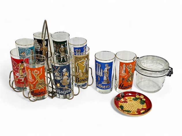 Libbey Cities of the World Highball Glasses Set w/ Caddy, Le Parfait Super Jar & More