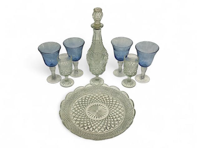 Anchor Hocking Wexford Platter, Decanter & Goblets & Blue Goblets