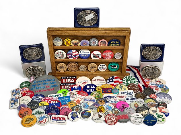 1988-1992 Alaska State Fair Buckles, Political Campaign Buttons, Display Case & More