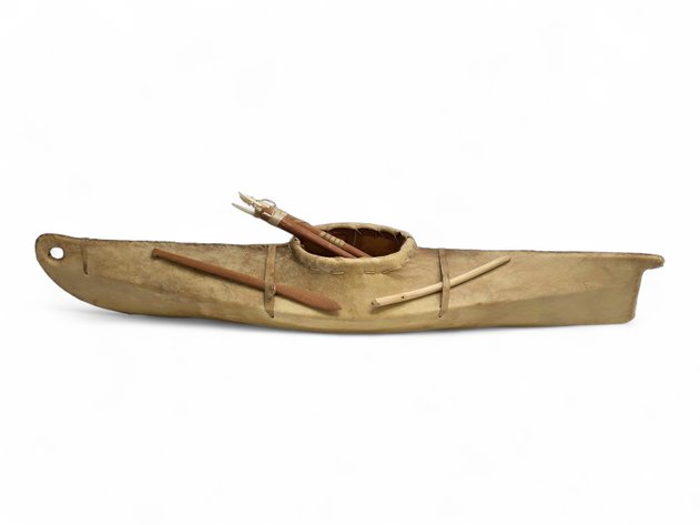 Leather & Wood Umiak w/ Wood & Walrus Ivory Tools
