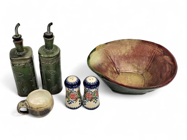 Studio Pottery Serving Bowl, Olive Oil & Vinegar Dispensers, Salt & Pepper Shakers & Cup