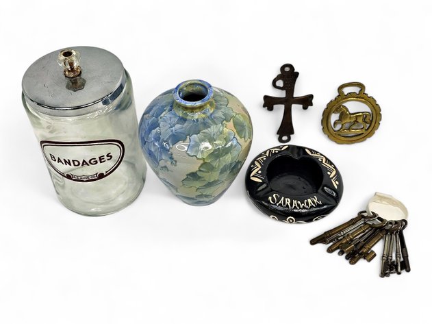 Brass Medallion, Cross, Skeleton Keys, Vase & More