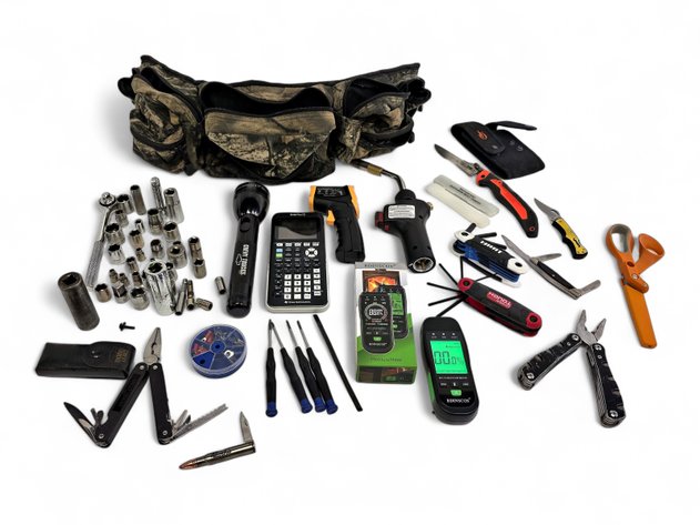 Tool Belt w/ Hand Tools - Flashlight, Moisture Meter, Precision Screwdrivers, Graphing Calculator & More
