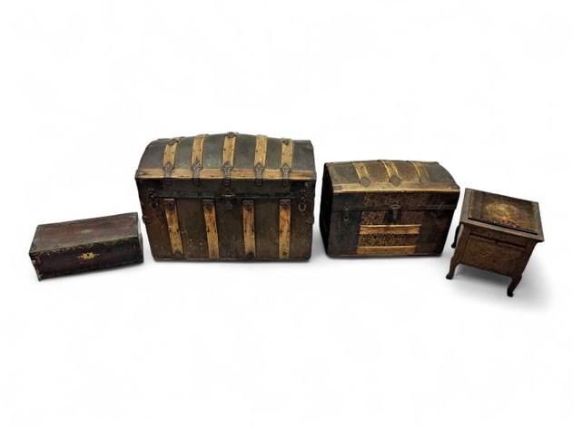 Antique Writing Slope Box, Steamer Trunks & Shoe Shine Box