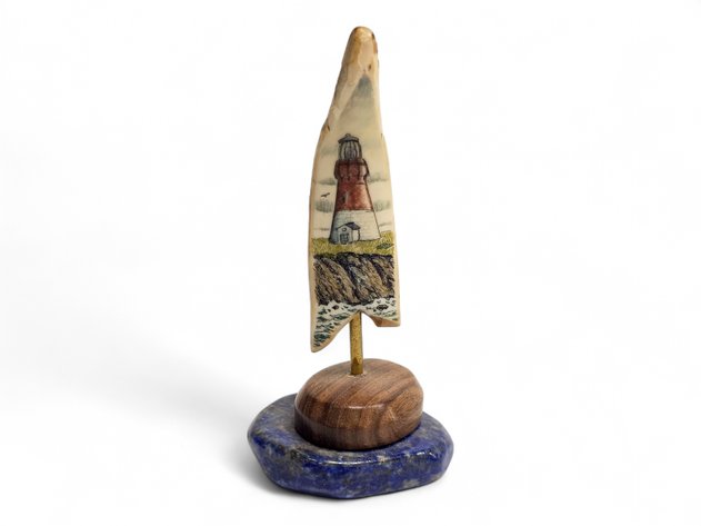 Polychrome Scrimshaw Baby Walrus Tusk on Wood & Stone Base