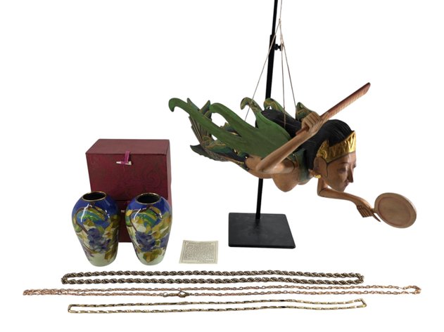 Plique-à-Jour Vases, Chain Necklaces & Balinese Rice Goddess Mobile