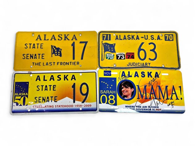 Signed 2008 Sarah Palin Booster Plate & Alaska State Senate & Judiciary License Plates