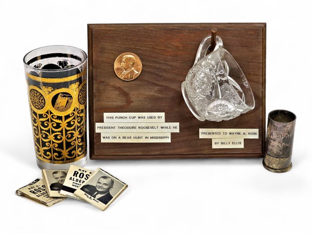 Theodore Roosevelt Cup Plaque w/ Medallion, Ray A. Ross Tumbler & More