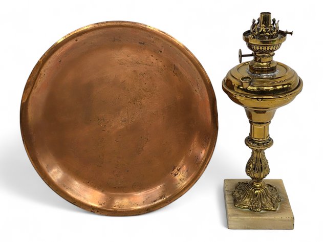 Brass Oil Lamp & Copper Platter