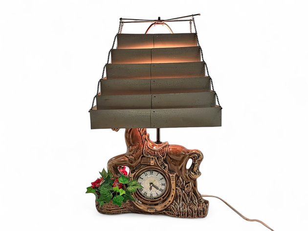 Lanshire Ceramic Horse Clock Lamp w/ Rare Venetian Blinds Shade c. 1950