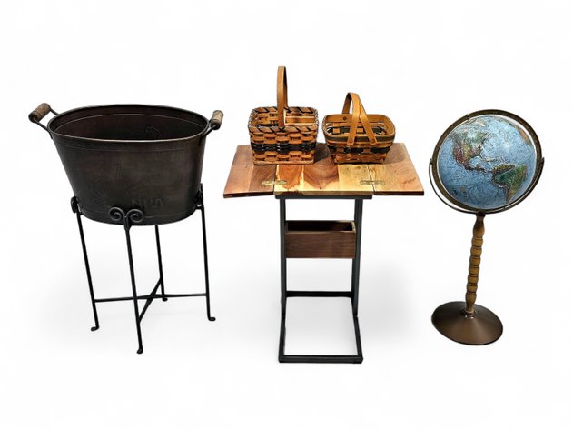 End Table, Floor Globe, NRA Beverage Tub w/ Stand, Longaberger Basket & More