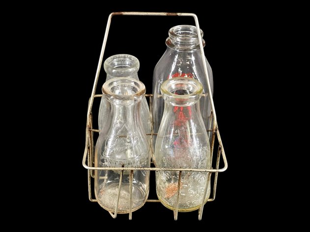 Broguiere's, Queen City, Eicco & S.W. Evans Vintage Milk Bottles w/ Caddy