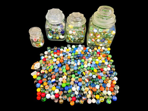 Solid & Cat-Eye Marbles w/ Jars, Sea Glass & More