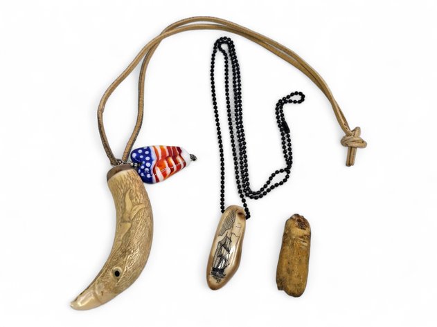 Bone, Scrimshaw Walrus Ivory, Whale Tooth & Glass Pendants