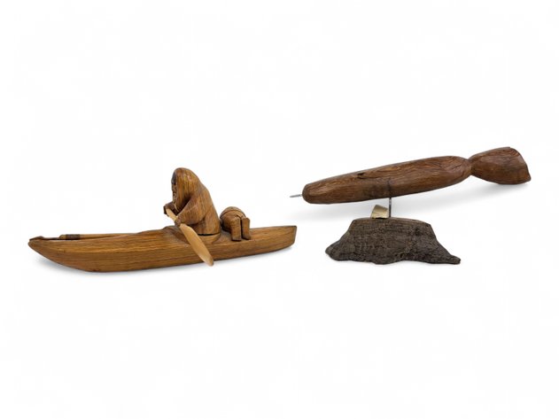 Carved Wood Figurines - Fisherman w/Umiak & Minimalist Narwhal
