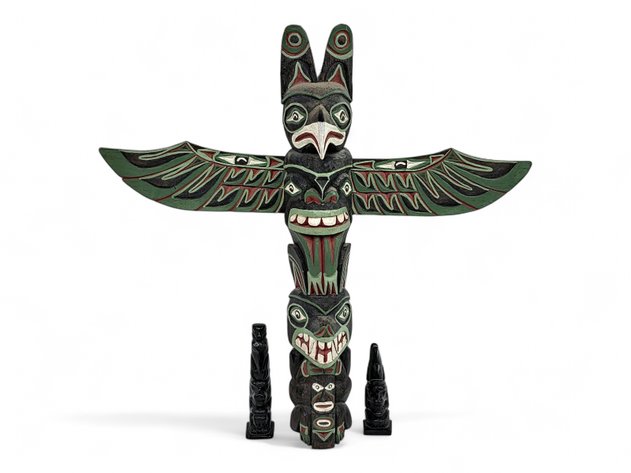 Carved Wood & Stone Totem Poles