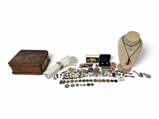 Jewelry Box w/ Pins, Necklace, Belt Buckle, Money Clips & More