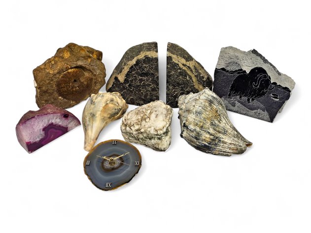 Siku Soapstone Carving, Agate Clock, & More
