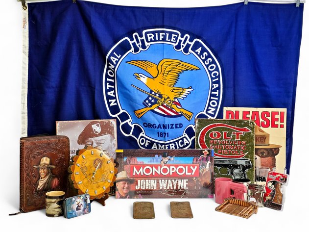 NRA Flag, The Tree House Clock, Leather Notepad Case, Bullet Casing Frame & More