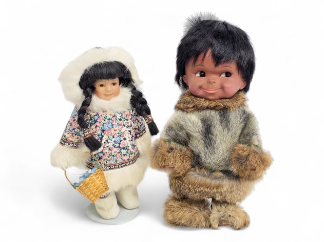 Alaska Native Boy Doll w/ Seal Fur Parka & Girl Doll w/ Floral Kuspik