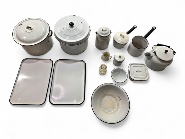 Enamelware Pots, Jars, Kettle, Trays & More
