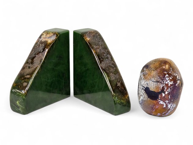 Kobuk Valley Jade Bookends & Richard Satava Art Glass Paperweight