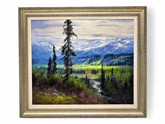 James Belcher Oil Painting of Sunlit Alaska Mountain Valley