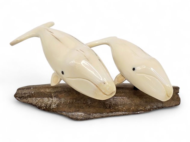 Bowhead Whale & Calf Walrus Tusk Carving - Ronald Kingeekuk