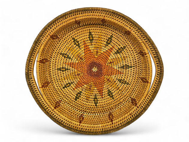 Large Athabascan Willow-Root Basket Tray with Polychrome Starburst Design