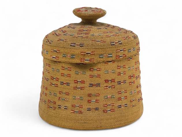 Large Antique Attu Aleut Polychrome Rye Grass Covered Basket