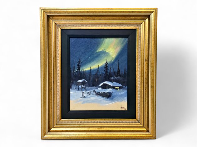 Ellen Henne Goodale Oil Painting of Sled Dogs & Northern Lights