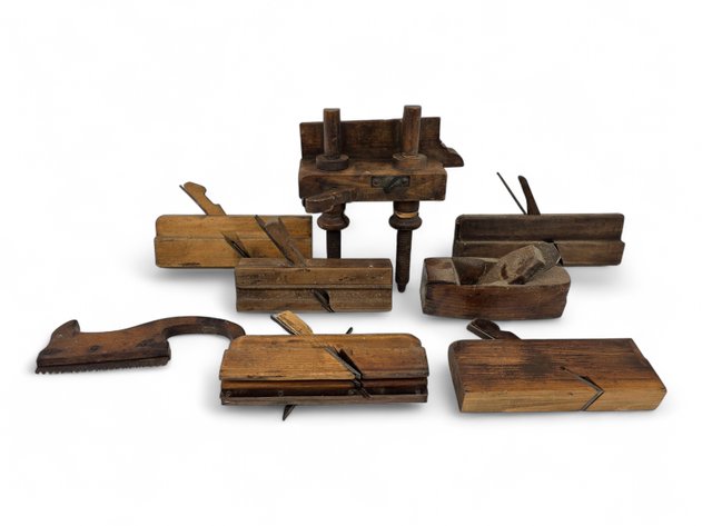 Primitive Wooden Saw, Plow Plane, Molding Planes & More Tools